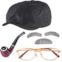 Beelittle Old Man Costume Grandpa Accessories Men Beret Hat Glasses Moustache Eyebrows Set
