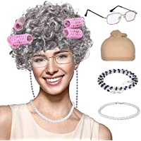 Old Lady Wig, Granny Cosplay Wig with Hair Rollers for Halloween Costume Dress Up Party