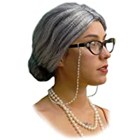 Vibe Old Lady wig Costume Set, Gray Hair Granny Wig with pearl necklace, glasses, glass chain Accessories, 5 pieces…