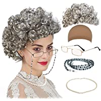 QNPRT Old Lady Cosplay Set - Grandmother Wig, Wig Cap,Madea Granny Glasses, Eyeglass Chains Cords Strap, Pearl Beads