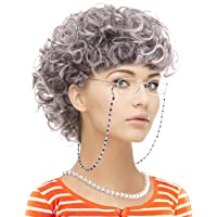 Old Lady Costume Set-Grandmother Wig,Wig Caps, Madea Granny Glasses, Eyeglass Retainer Chain,Pearl Necklace(5 Pieces)