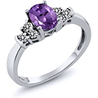 Gem Stone King 0.65 Ct Oval Purple Amethyst White Diamond 925 Sterling Silver Ring