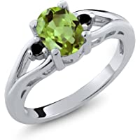Gem Stone King 1.21 Ct Oval Green Peridot and Black Diamond 925 Sterling Silver 3 Stone Ring (Available 5,6,7,8,9)