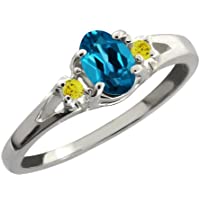 Gem Stone King 0.59 Ct London Blue Oval Topaz and Canary Diamond Sterling Silver Ring