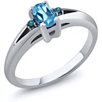 Gem Stone King 0.59 Ct Swiss Blue Oval Topaz and Blue Diamond Sterling Silver Ring