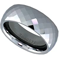 Sabrina Silver Tungsten Carbide 8 mm Faceted Dome Wedding Band Ring Fine Diamond Pattern, Sizes 5 to 14