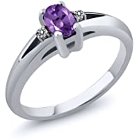 Gem Stone King 925 Sterling Silver Purple Oval Amethyst and White Diamond Women Ring (0.49 Cttw, Gemstone Birthstone…