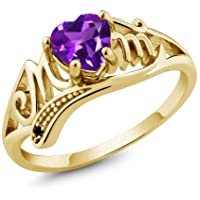 Gem Stone King 0.41 Ct Heart Shape Mothers Day Purple Amethyst and Diamond Gold Plated Silver Mom MOM Ring