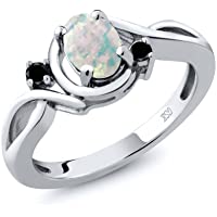 Gem Stone King 0.66 Ct Oval Cabochon White Simulated Opal and Black Diamond 925 Silver Ring