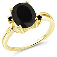 Gem Stone King 14K Yellow Gold Black Onyx and Diamond Women Engagement Flower Ring (2.22 Ct Oval Gemstone Birthstone…