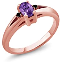 Gem Stone King 0.49 Ct Purple Oval Amethyst and Black Diamond Rose Gold Plated Silver Ring