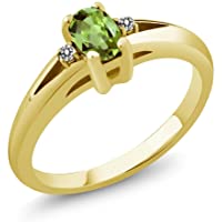 Gem Stone King Green Oval Peridot and White Diamond Yellow Gold Plated Silver Women Ring (0.54 Cttw, Available 5,6,7,8,9…