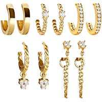 5 Pairs Gold Silver Huggies Hoop Earrings Set for Women Girls Small Tiny Dangle Cubic Zirconia Chain Hoop Earrings…