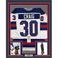 Framed Autographed/Signed Jim Craig 33x42 White 1980 Miracle On Ice United States Hockey Jersey JSA COA