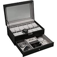 Ogrmar 12 Slot PU Leather Lockable Watch Storage Boxes, Men & Women Jewelry Display Drawer Case, 2-Tier Organizer Watch…