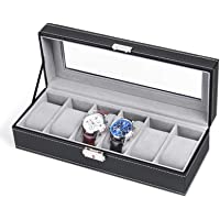 NEX 6 Slot Leather Watch Box Display Case Organizer Glass Jewelry Storage Black