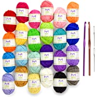 24 Acrylic Yarn Skeins | Total of 525 Yards Craft Yarn for Knitting and Crochet | Includes 2 Crochet Hooks, 2 Weaving…