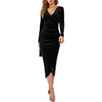 DIRASS Women's Elegant Velvet Long Sleeve Wrap V Neck Ruched Bodycon Cocktail Party Maxi Dress