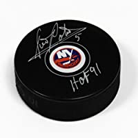 Denis Potvin New York Islanders Signed Hockey Puck with HOF Note - NHL Cut Signatures
