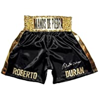Roberto Duran Signed Black Trunks"MANOS DE PIEDRA" on waste - Autographed Boxing Robes and Trunks