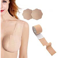 Boob Tape and 2 Pcs Petal Backless Nipple Cover Set, Breathable Breast Lift Tape Athletic Tape with Silicone Breast…