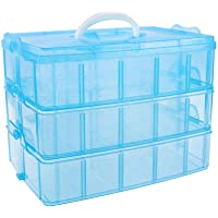 SGHUO 3-Tier Stackable Storage Container with 30 Adjustable Compartments, Blue Plastic Craft Storage Organizer with…