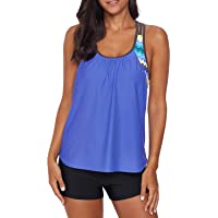 Aleumdr Womens Blouson Striped Printed Strappy T-Back Push up Tankini Top with Shorts