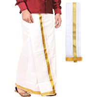 kaatru Free Size Premium Dhoti (Dhoti Length 3.7 Meters) and Angavastram - 1 Inch Golden Border