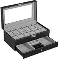 SONGMICS 12-Slot Watch Box, Watch Organizer, Lockable Jewelry Display Case with Real Glass Top, Black Synthetic Leather…