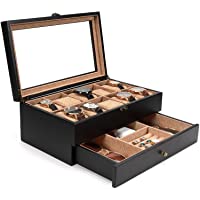 Mens Watch Box Case Organizer| Faux Leather Watches Jewelry Case| 12 Slots Watch Case storage with Valet Drawer for…