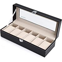Readaeer 6 Slot PU Leather Watch Box Display Case Jewelry Organizer with Glass Top