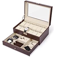 12 Slots Watch Box Mens Watch Organizer PU Leather Case with Jewelry Drawer for Storage and Display