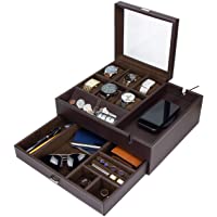 HOUNDSBAY Commander Dresser Valet Watch Box Case & Mens Jewelry Box Organizer with Smartphone Charging Station (Brown…