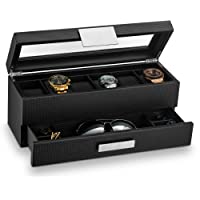 Glenor Co Watch Box with Valet Drawer for Men - 6 Slot Luxury Watch Case Display Organizer, Carbon Fiber Design -Metal…
