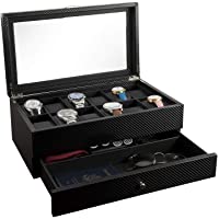 Mens Watch Box Case Organizer| Faux Leather Watches Jewelry Case| 12 Slots Watch Case storage with Valet Drawer for…
