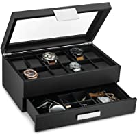 Glenor Co Watch Box with Valet Drawer for Men - 12 Slot Luxury Watch Case Display Organizer, Carbon Fiber Design - Metal…