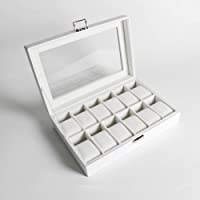 GUKA Watch Box 12 Slot Case Real Glass Organizer Watch Case with Removable Watch Pillow, White Synthetic Leather Watch…
