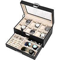 Voova Jewelry Box Watch Boxes Organizer for Men Women, 2 Layer Large 12 Slot PU Leather Watch Storage Case, Glass Top…