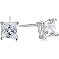Amazon Essentials Plated Sterling Silver Cubic Zirconia Stud Earrings (Round & Princess)
