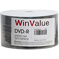 Winvalue DVD-R Discs 50 Pack 16x 4.7GB/120 Minute Blank Data Recordable Media - 50-Pack Shrink Wrap NO Spindle NO Cake…