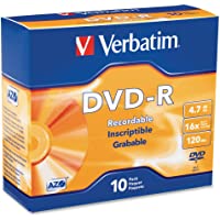 Verbatim DVD-R Blank Discs AZO Dye 4.7GB 16X Recordable Disc - 10 Pack Slim Cases