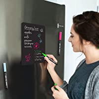 Magnetic Black Dry Erase Board for Fridge with Bright Neon Chalk Markers (12x8") - 4 Liquid Blackboard Markers with…