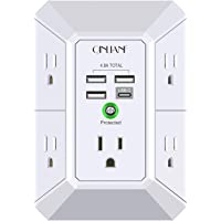 USB Wall Charger, Surge Protector, QINLIANF 5 Outlet Extender with 4 USB Charging Ports ( 4.8A Total) 3-Sided 1680J…