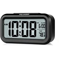 PEAKEEP Smart Night Light Digital Alarm Clock with Indoor Temperature, Battery Operated Desk Small Clock (Black)