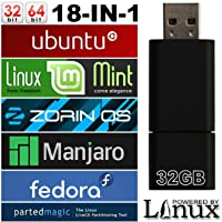 32GB MultiBoot 18 IN 1 USB Drive - Includes Ubuntu, Linux Mint Cinnamon KDE Mate Xfce, Zorin OS Core, Manjaro, Fedora…