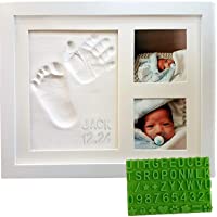 Baby Handprint & Footprint Keepsake Photo Frame Kit - Personzalize it w/ Bonus Stencil! Non-Toxic Clay, Wall/Table Wood…