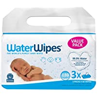 WaterWipes Original Baby Wipes, 99.9% Water, Unscented & Hypoallergenic for Sensitive Newborn Skin, 3 Packs (180 Count)