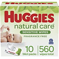 Baby Wipes, Huggies Natural Care Sensitive Baby Diaper Wipes, Unscented, Hypoallergenic, 10 Flip-Top Packs (560 Wipes…