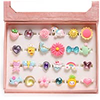 PinkSheep Little Girl Jewel Rings in Box, Adjustable, No Duplication, Girl Pretend Play and Dress Up Rings (24 Lovely…