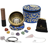 Tibetan Singing Bowl Set ~ 7 Chakra Crystal Stones and Rose Quartz Pendulum ~ Easy to Play with Fabric Case, Cushion…